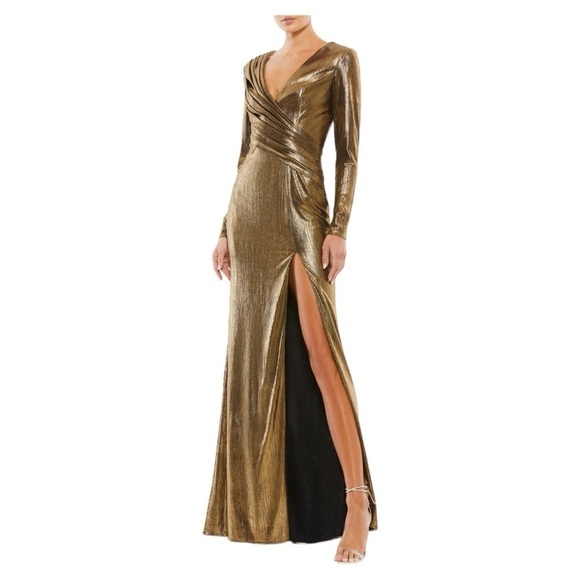 NWOT  leena for Mac Duggal Metallic Long Sleeve Gown - Picture 1 of 9